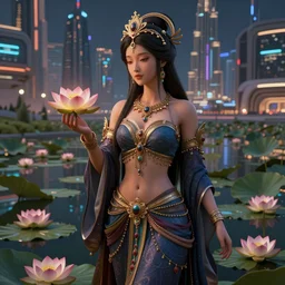 Beautiful 3d render of the flower queen goddess holding flowers near a pond full of lotus, atmospheric lighting, painted, intricate, volumetric lighting, beautiful, rich deep colours masterpiece, sharp focus, ultra detailed, in the art style of Dan Mumford and marc simonetti, with a clear crowded futuristic cyberpunk dubai city in the background, astrophotography