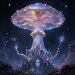 yggdrasil as enormous mushroom sentience deity of the stars resides inside void manifold, mycelium branches as quantum foam, fractal of scary dirac equations, portrait by ross tran, timeline nexus, ascending universes, a dnd illustration of esoteric concept by cgsociety and james gurney, artstation, hdr, rtx, iridescent wise mushroom deity
