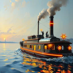detailed close - up of a side view full shot of a energypunk futuristic neon robotic cyberpunk steamboat in the senna river, people waving, impressionism, oil on canvas, natural colors, horizon, golden hour, masterpiece, detailed, by gustave caillebotte, wlop, mucha, greg rutkowski