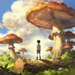 isekai masterpiece anime boy standing tree log looking up at magical giant mushrooms, high noon, cinematic, very warm colors, intense shadows, layered stratocumulus clouds, anime illustration, anime screenshot composite background