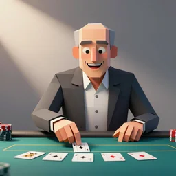 low poly larry david playing poker, happy, naive