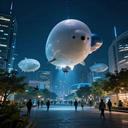 underwater view of organic blimps in city designed by zaha hadid with trees and people walking, cinematic, night time photograph, cinematic lighting, school of sharks, vfx film, ultrarealistic, artstation trending, 8 k