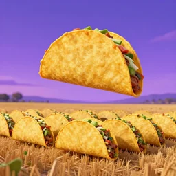 rolling fields of tacos with a giant taco floating overhead, vivid dusk sky