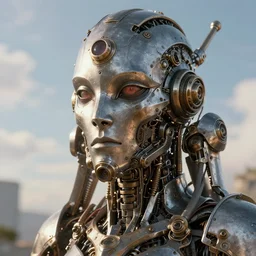 steampunk metal machine, details face, detailed body, realistic body proportions, unreal engine, by popular digital artist, digital, artstation, detailed body, heavenly atmosphere, digital art, overdetailed art, trending on artstation, cgstudio, the most beautiful image ever created, dramatic, award winning artwork, beautiful scenery
