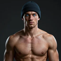 glowwave portrait of muscular man with blue eyes with a beanie, au naturel, hyper detailed, digital art, trending in artstation, cinematic lighting, studio quality, smooth render, unreal engine 5 rendered, octane rendered, art style by klimt and nixeu and ian sprigger and wlop and krenz cushart.