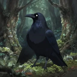 female raven yokai in the lichen woods. safe for work, muted complementary colors, anime still, luminescent, 4 k, chiaroscuro, rimlight.