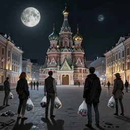 Cyberpunk people with plastic bags on the square of a Russian city on the Moon, at night, Neo Norilsk, sci-fi, intricate, very very beautiful and slightly scary, elegant, ENDLESS NIGHT, highly detailed, digital painting, artstation, concept art, smooth, sharp focus, illustration, art by artgerm and greg rutkowski and alphonse mucha
