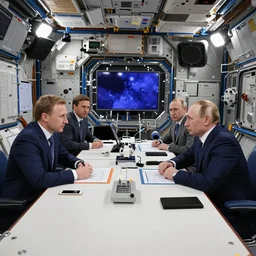 macron and putin have a meeting, floating in the space station, long table