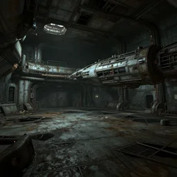 Screenshot of a derelict and abandoned futuristic spaceport from the computer game system shock 2 from 1999.High quality , highly detailed, 4k , dead space , system shock 2 , world of war spaceships