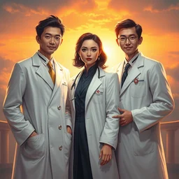 a poster of 3 elegant chinese doctors in white coats, cinematic, highly detailed, digital painting, artstation, cheering up, sunrise lighting, illustration, art by artgerm and greg rutkowski