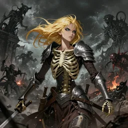 realistic detailed image of a female skeleton warrior blonde hair blowing in an angry and stormy battle scene, anime art, anime, inspired by H.R. Giger and Zdzislaw Beksinski and Mark Ryden, gothic, rich deep colors. A masterpiece, matte painting, digital art, trending on artstation.