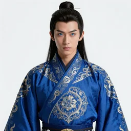 fu manchu martial artist!!!! asian facial features and blue eyes!! intricate ornate blue robes!! character concept art, sharp focus, octane render! unreal engine 5! highly rendered!! trending on artstation!! detailed linework!! illustration by artgerm, wlop, and chie yoshii