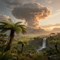 a prehistoric savanna with giant ferns, waterfall, mountains, towering cumulonimbus clouds, sunset, volumetric lighting, rtx on, washed out colors, an award winning digital render, beautiful, ultradetailed, great composition