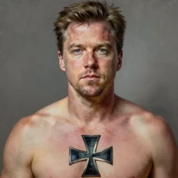 matt damon, closeup portrait, sci fi, fantasy, intricate, with german iron cross on bare chest, stoic, loin cloth, highly detailed, oill painting, artstation, concept art, matte, sharp focus, painting by frazetta and peter chung