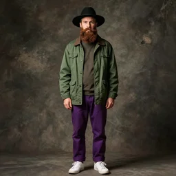 a man of caucasian appearance with a chin curtain brown beard and without mustache in a black hat, green jacket, purple pants and white sneakers in full height, perfect face