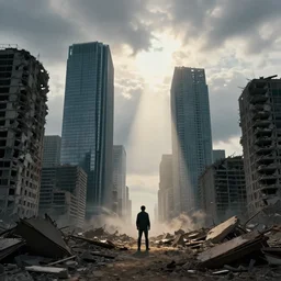 god rays illuminating a single man in a destroyed modern city, award winning, cloudy sky, pictorialism, color, skyscraper, nuclear fallout