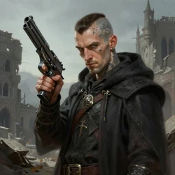 portrait of a wizard holding a gun, the wizard has a half shaved head and tattoos, the wizard holding a pistol points downwards, the wizard holding a pistol is only one and stands in a ruined city. by Ciryl Rolando, hyperrealistic illustration, digital art, studio lightning, very detailed faces