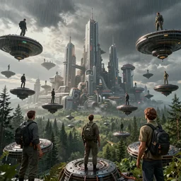 realistic photograph of many disk - shaped floating in the forest above the huge future technology city ， volumetric lighting, rain, god's ray, soviet, detailed characters, summer, dark overcast weather, high detailed, smooth, mark arian, award winning, highly detailed 4 k art by beeple and fvckrender and visualdon, trending on cgsociety