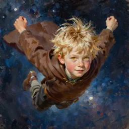 yellow eyed blonde boy wearing a brown cape and flying in t pose, closeup, powerful, space background, oil painting, brush strokes, greg rutkowski