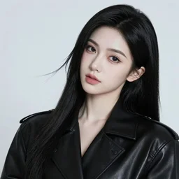 a beautiful girl in black leather by WLOP, very white skin, black eyes and black hair