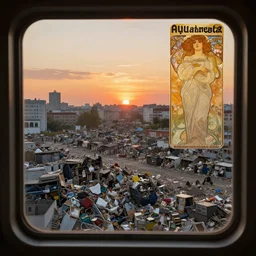 seen from window, garbage dump, city is pure wasteland, sunset in background, detailed characters, alphonse mucha, greg rutkowski, trending on artstation, artgerm, breathtaking, sharp focus, smooth, mark arian, award winning, highly detailed 4 k art