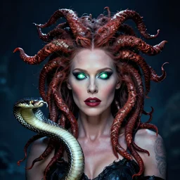 ellen degeneres with coral snakes as hair and glowing reptilian eyes like medusa, hyperreal, mystical, mythological, gorgons