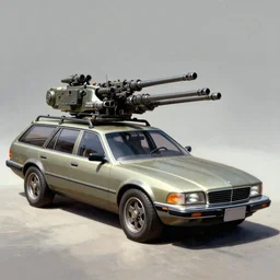 concept art for a station wagon covered in mounted guns, painted by syd mead, high quality