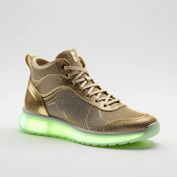 one wire mesh hightop sneaker with neon illuminated soles on a white surface, clean 3 d render, beautiful studio lighting, soft, sharp focus, cyberpunk, intricate detail, gold filigree, art by iris van herpen and syd mead