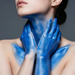 hands wrapped around neck, covered in glossy blue paint, beautiful skin, contrasting paint