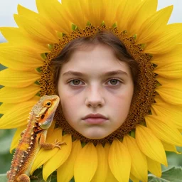 a film still portrait of a serious young sunflower dragon lizard, with sunflowers growing from it, hyper realistic, 8 k, sunflower, finely detailed features, closeup at the faces with freckles, perfect art, gapmoe yandere grimdark, trending on pixiv fanbox, painted by greg rutkowski makoto shinkai takashi takeuchi studio ghibli, akihiko yoshida