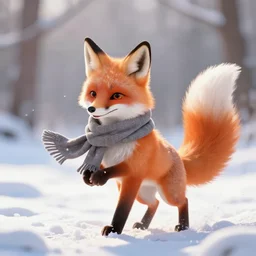 an anthropomorphic fox with a fluffy tail wearing a scarf playing in the snow, backlighting, trending on artstation, digital art, furry art, trending on furaffinity