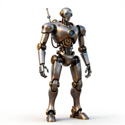 elegant steampunk robot with gears, detailed 3d character render, full body, standing, isolated on a pure white background, centered, whole figure in frame, sharp focus, studio lighting
