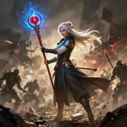 dragon age character wynne, 5 0 years old woman ash white long hair tied bun, holding long staff red orb, casting blue magic, smirk, background full of war silhouettes, fighting darkspawn, full body, epic, d and d, cinematic, dynamic lighting, concept art, rich color, bioware, by greg rutkowski