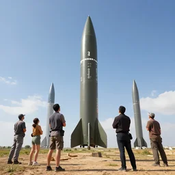 people looking missiles crossing the sky, ground view, sunny day, hyperdetailed, artstation, cgsociety, 8 k