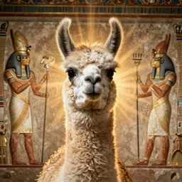 Art of the Ancient Egyptians, Llama portrait in the style of traditional Egyptian wall painting. gods and goddesses of Ancient Egypt