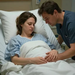 a mother on the hospital bed, covered by blanket, about to give birth holding her husband's hand, beautifully lit, detailed, by artgerm, mumford and rutkowski, featured on artstation, cgsociety