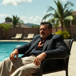 film still of shaved viktor orban playing pablo escobar, sitting in a chair next to a pool, 8 0's columbia, a scene from tv series narcos, narcos scene, hd, 4 k