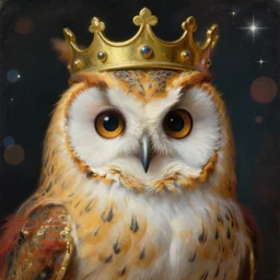 close-up portrait of anthropomorphic Prince with a head of barn owl, in a crown, bokeh, blurred space, stars, dreamy, romantic, painting in the museum, highly detailed, sharp focus, digital painting, artwork, by John James Audubon by Victor Adame Minguez by Yuumei by Tom Lovell by Sandro Botticelli