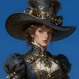 a cinematic portrait scene female steampunk girl with a big hat, blue background, intricate, elegant, highly detailed, digital painting, artstation, concept art, smooth, sharp focus, illustration, art by artgerm and greg rutkowski and alphonse mucha