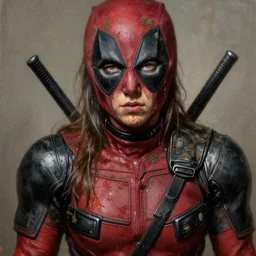 muscular sweat girl wearing deadpool costume, covers with mud exhausted face close up, highly detailed painting by gaston bussiere, craig mullins, j. c. leyendecker 8 k