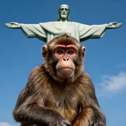 high quality portrait of a monkey in front of Christ The Redeemer Statue, studio photograph, photograph, realistic photo, 8k photo, 4k photo, stock photo, high resolution, cinematic shot, high detail