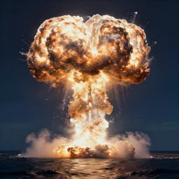 massive underwater nuclear explosion viewed from the surface, global illumination, volumetric shadows, volumetric lighting digital painting, trending on artem, trending on deviantart,