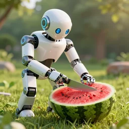 a robot cutting watermelon on the grass in summer, sharp focus, trending on artstation, hyperdetailed, digital art, crepuscular ray, cinematic lighting, unreal engine 5, frostbite 3 engine