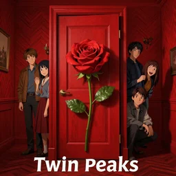 Twin Peaks movie poster artwork by Tomer Hanuka, Rendering of a rose by the door of the red cheveron pattern room full of details, Michael Whelan, Patryk Hardziej,  Makoto Shinkai and thomas kinkade, by Gregory Crewdson, Matte painting, trending on artstation and unreal engine