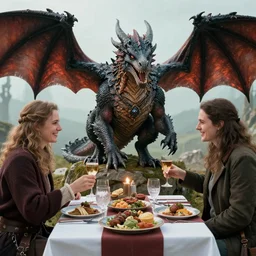 dragonborn from Skyrim having a lovely meal with a dragon