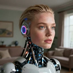 VFX movie of a futuristic robot portrait in living room, beautiful natural skin neon lighting by Emmanuel Lubezki