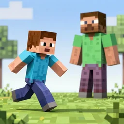 minecraft steve running away from a fortnite default skin, photorealistic, hd, 8 k