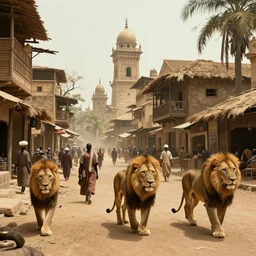 a high fantasy african city populated by upright - walking lion people, street view,
