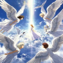heavenly realm populated by angels, ray - traced global illumination, digital painting, illustration by studio trigger, hideaki anno