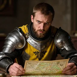 Closeup of frustrated and acerbic male medieval sergeant with a {short} beard wearing a {black and yellow tabard} over a steel breastplate and a black gambeson looking up from a map on a table, intricate, dramatic lighting illustration by Greg Rutkowski, {perfect face}, {perfect eyes}, fantasy